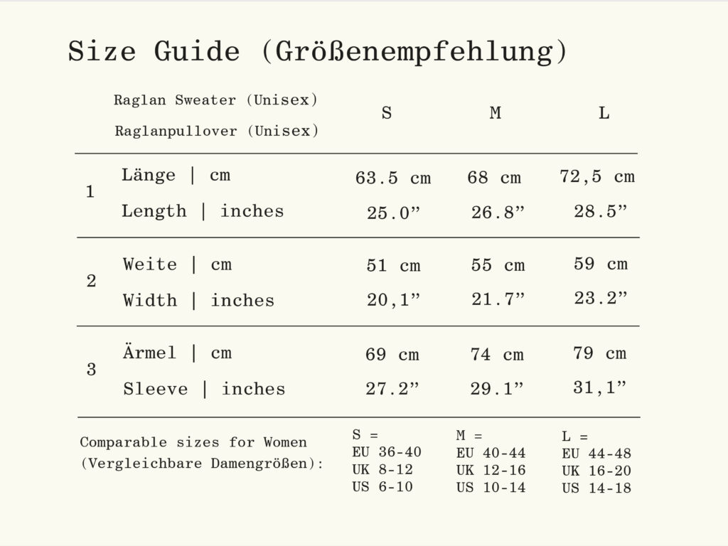 REH (GERMANY) Raglan-Pullover Größentabelle und vergleichbare internationale Größen für Frauen