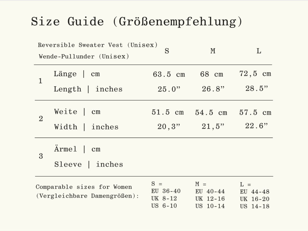 Unisex Size Guide and corresponding international sizes for the Reversible Women's sweater vest by REH (GERMANY)