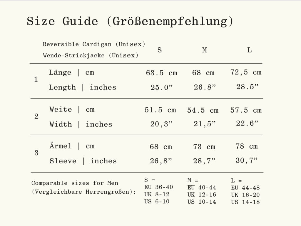 Unisex Size Guide and corresponding international sizes for the Reversible Men's Cardigan by REH (GERMANY) 