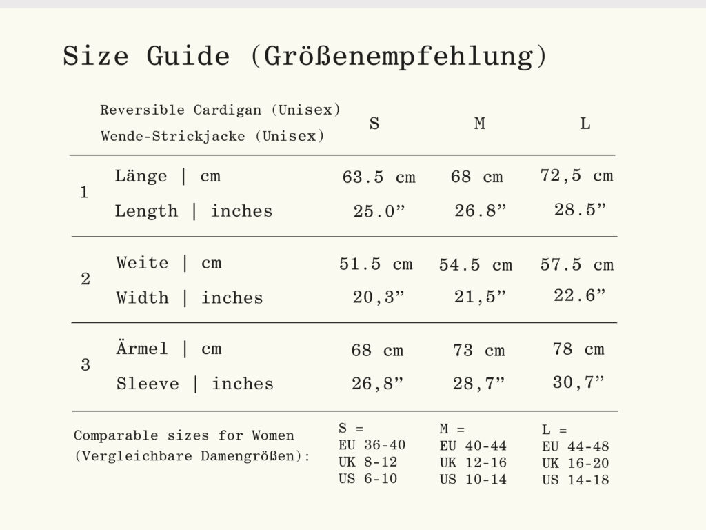 REH (GERMANY) Size Chart for reversible Cardigan for women