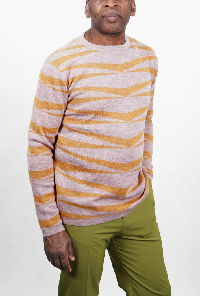 Baby Alpaca Sweater Inti in yellow and pink with graphic striped triangular knit pattern for men by REH (GERMANY)