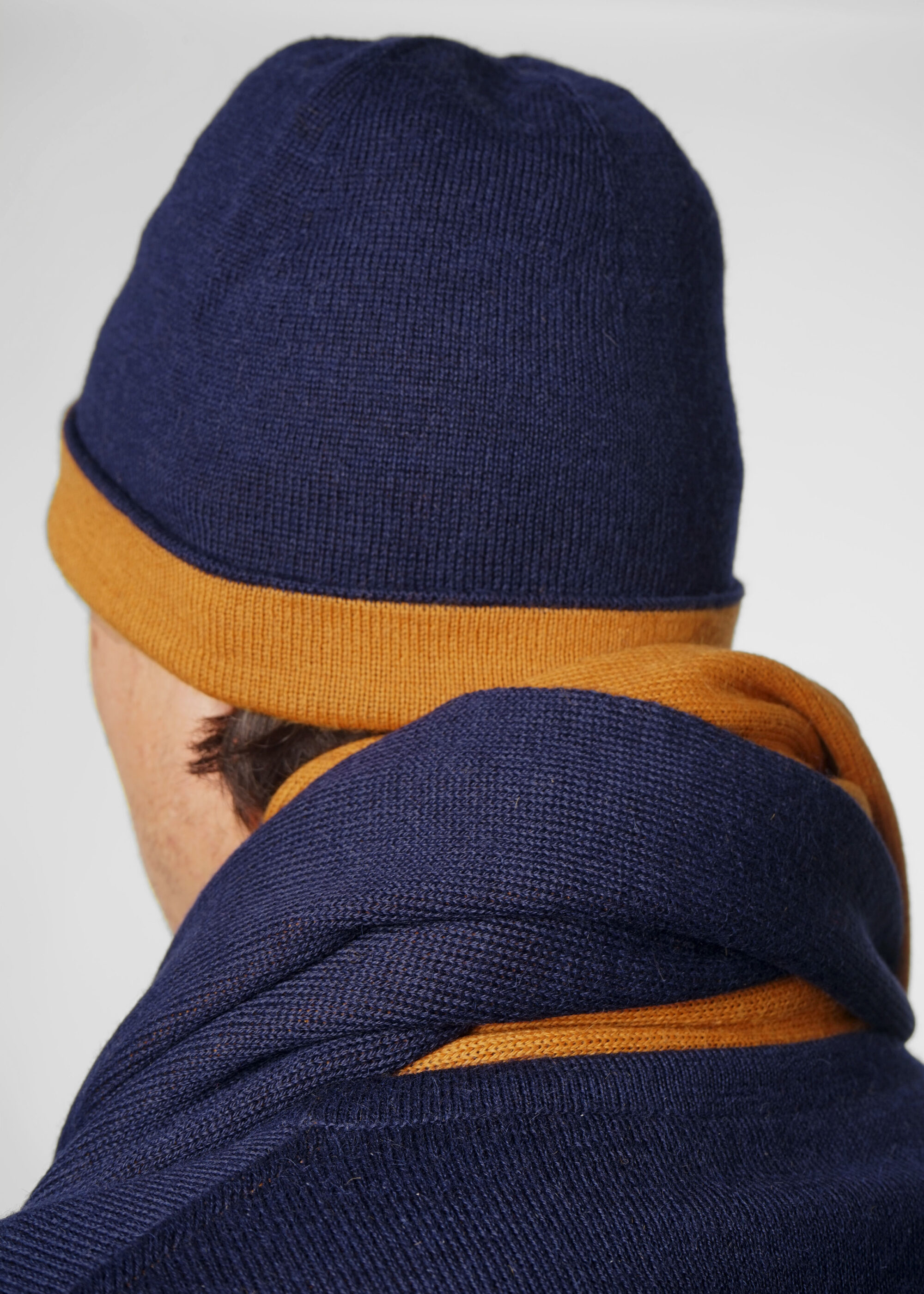 Product image for »Blauaras Ochre« Reversible Beanie Baby Alpaca | Ochre Navy